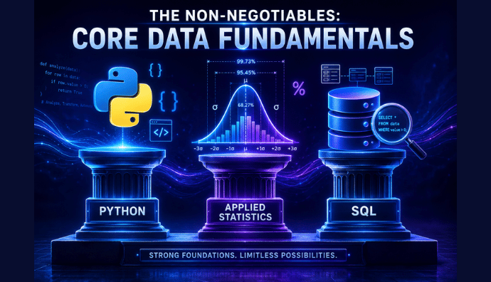 A tech graphic displaying the three pillars of data science: Python programming language logo, a statistical bell curve graph, and a SQL database cylinder stack.