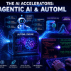 An infographic demonstrating automated machine learning workflows, featuring an autonomous AI agent cleaning data, AutoML processing, and an LLM pair-programming assistant window.