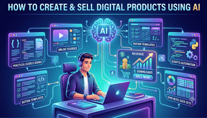 A modern illustration of a creator using an AI-powered dashboard to build and sell digital products, including Notion templates, Python scripts, and online courses.