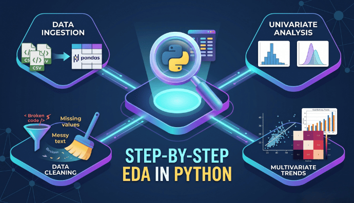 Infographic showing the step-by-step process of Exploratory Data Analysis in Python, including data ingestion, data cleaning, univariate analysis, and multivariate trends using Pandas and Seaborn.