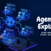 A 3D isometric illustration of a tech professional orchestrating multiple autonomous AI agents using interconnected glowing data nodes, representing Agentic AI and workflow automation.