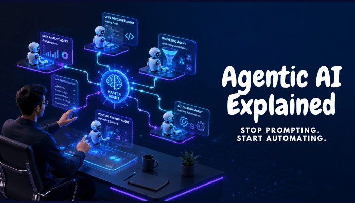 A 3D isometric illustration of a tech professional orchestrating multiple autonomous AI agents using interconnected glowing data nodes, representing Agentic AI and workflow automation.