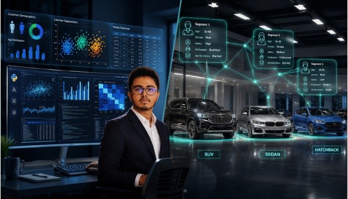 Futuristic customer segmentation analysis dashboard with Python analytics, demographic insights, and SUV, Sedan, and Hatchback sales visualization.