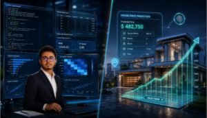 Futuristic House Price Prediction App dashboard with Python machine learning analytics and a luxury smart home valuation interface.