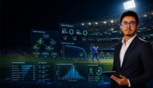 Cricket analytics dashboard showing decision tree modeling, 87% accuracy, 95% recall, and data science insights in a professional stadium setting.