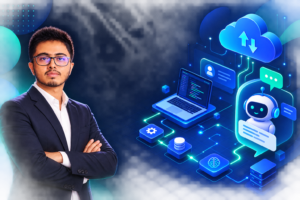 Professional technology portfolio thumbnail featuring a data professional and AI chatbot with cloud computing and software development graphics