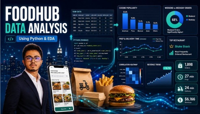 FoodHub data analysis thumbnail showing Python, food delivery, data visualization, and business insights from 1,898 orders.