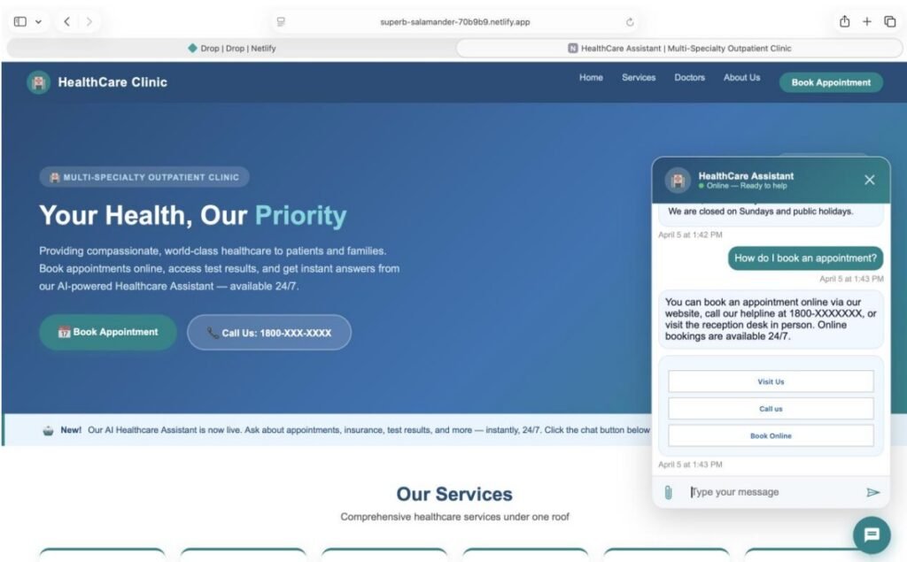 Healthcare clinic website homepage with an AI Healthcare Assistant chatbot open