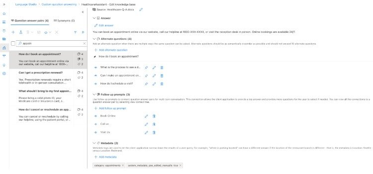 Azure Language Studio Custom Q&A editor showing appointment booking questions and follow-up prompts