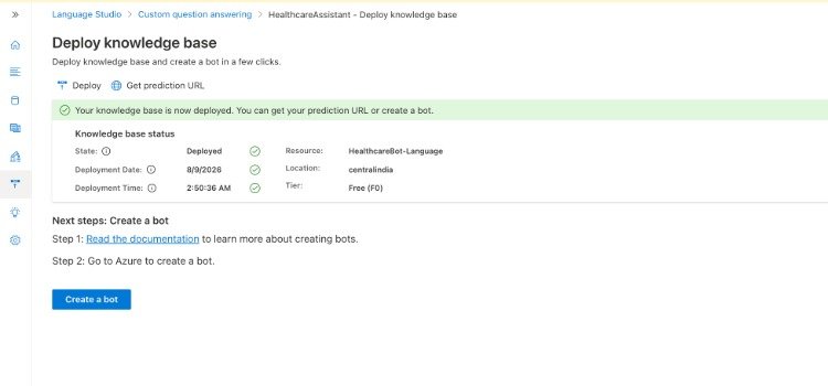 Azure Language Studio screen showing the HealthcareAssistant knowledge base successfully deployed