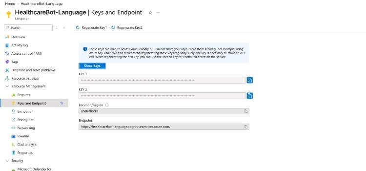 Azure HealthcareBot-Language Keys and Endpoint page showing API keys, region, and endpoint