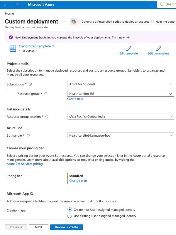 Azure Custom Deployment screen for creating the HealthcareBot-Language Azure Bot resource
