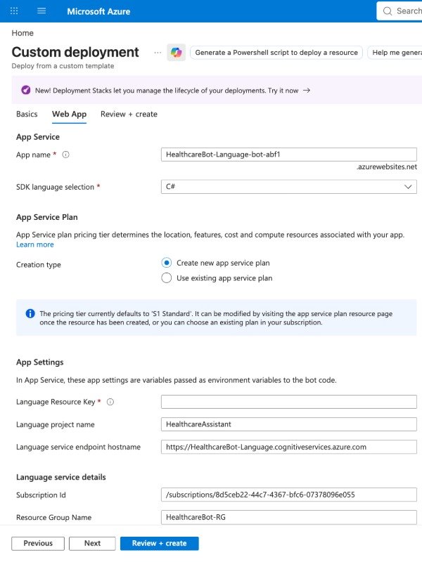 Azure Custom Deployment Web App configuration showing App Service and HealthcareAssistant language settings