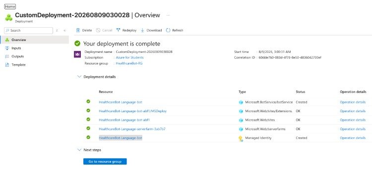 Azure deployment overview showing the HealthcareBot-Language bot and App Service resources successfully created