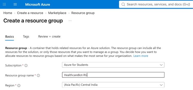 Azure Portal screen for creating the HealthcareBot-RG resource group in Central India