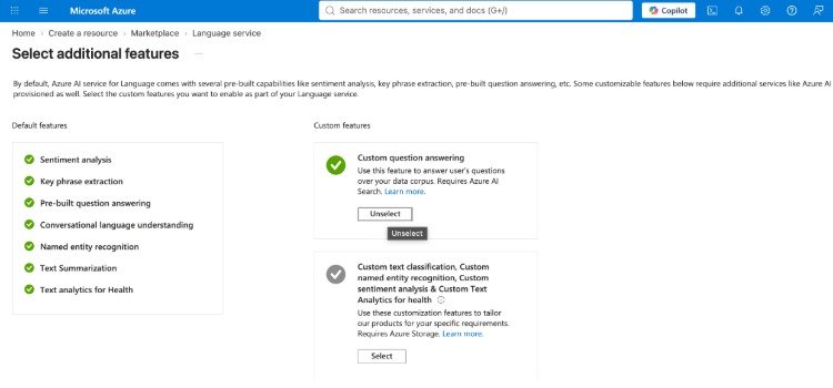Azure Language service feature selection with Custom Question Answering enabled