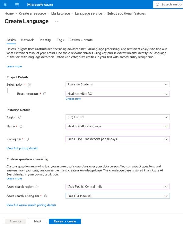 Azure Portal screen for creating the HealthcareBot-Language resource with Custom Question Answering