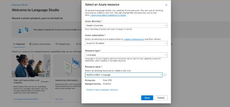 Azure Language Studio resource selection window connecting the HealthcareBot Language resource