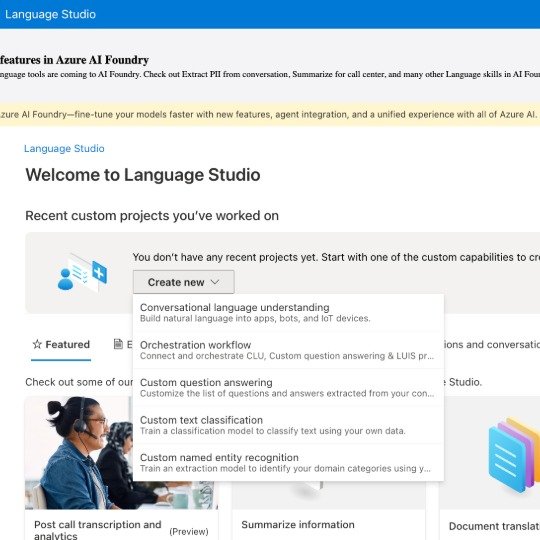 Azure Language Studio showing the Custom Question Answering project creation menu