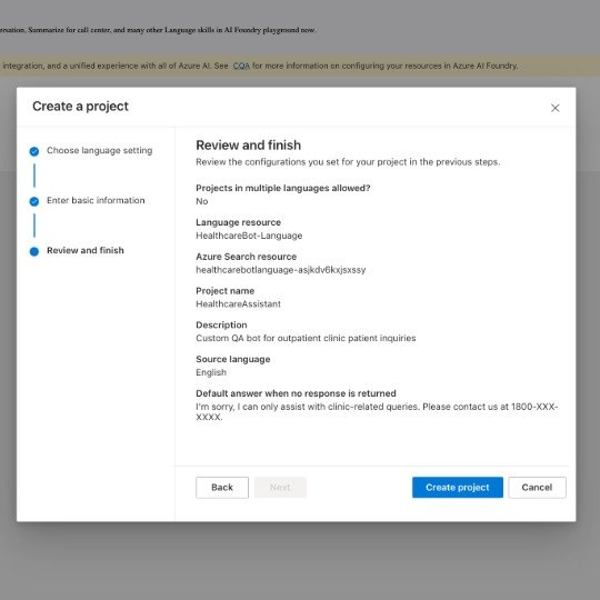 Language Studio project review screen for the HealthcareAssistant Custom Q&A project
