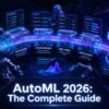 D isometric infographic showing an Automated Machine Learning (AutoML) pipeline transforming raw data into AI models for data science professionals.