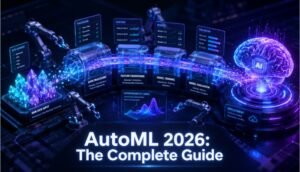 D isometric infographic showing an Automated Machine Learning (AutoML) pipeline transforming raw data into AI models for data science professionals.