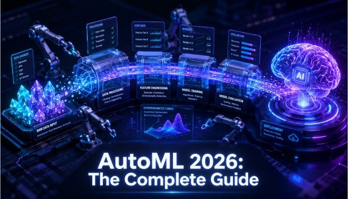 D isometric infographic showing an Automated Machine Learning (AutoML) pipeline transforming raw data into AI models for data science professionals.