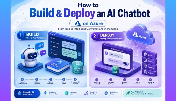 A detailed technical infographic illustrating the step-by-step process of how to build and deploy an AI chatbot on Microsoft Azure. The graphic separates the workflow into a 'BUILD' phase (Azure OpenAI, Python, System Prompts) and a 'DEPLOY' phase (Azure App Service, Secure Deployment, Live Chatbot), optimized for tech learning.