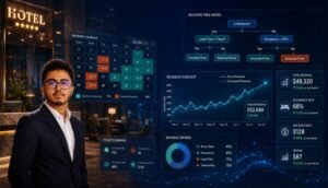 Hotel revenue management dashboard showing booking cancellations, decision tree analysis, revenue forecasting, and data visualization with a data scientist.